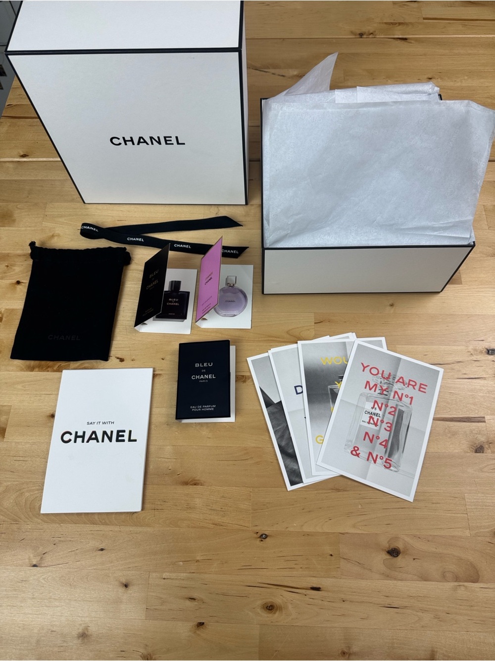 CHANEL Box, 4”x 6” cards, Cloth Drawstring Bag, & 3 Samples -Boxes Pouch Empty